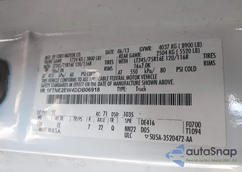 2013 Ford E-250 Commercial z USA, uszkodzony, nr VIN 1FTNE2EW4DDB06918